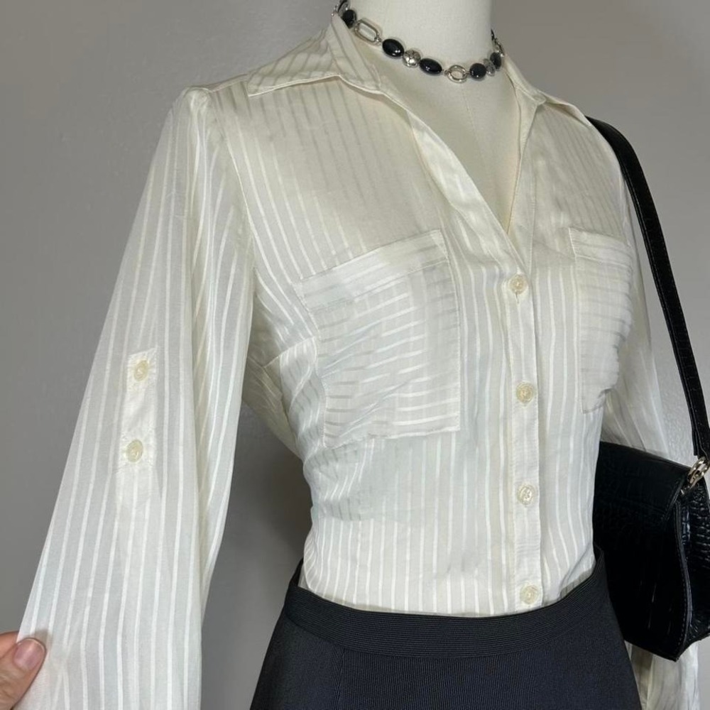 Express Portifino Shirt Roll Tab Button Up Sheer Striped Womens S Minimalist - Picture 4 of 8